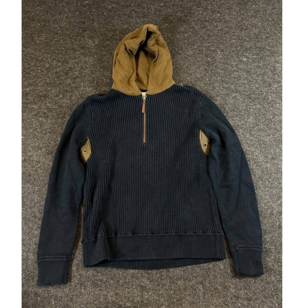 Carbon 2 Cobalt Mens Navy Blue Ribbed Knit Quarter Zip Hoodie Sweater Medium